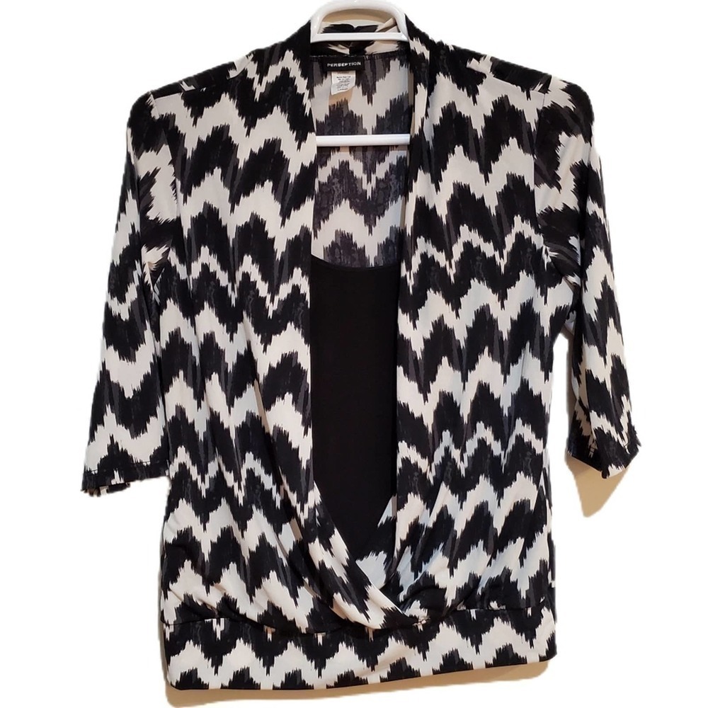 Vintage Zig Zag Faux Wrap Blouse Abstract Print 3/4 Sleeve Women's Size Large‎